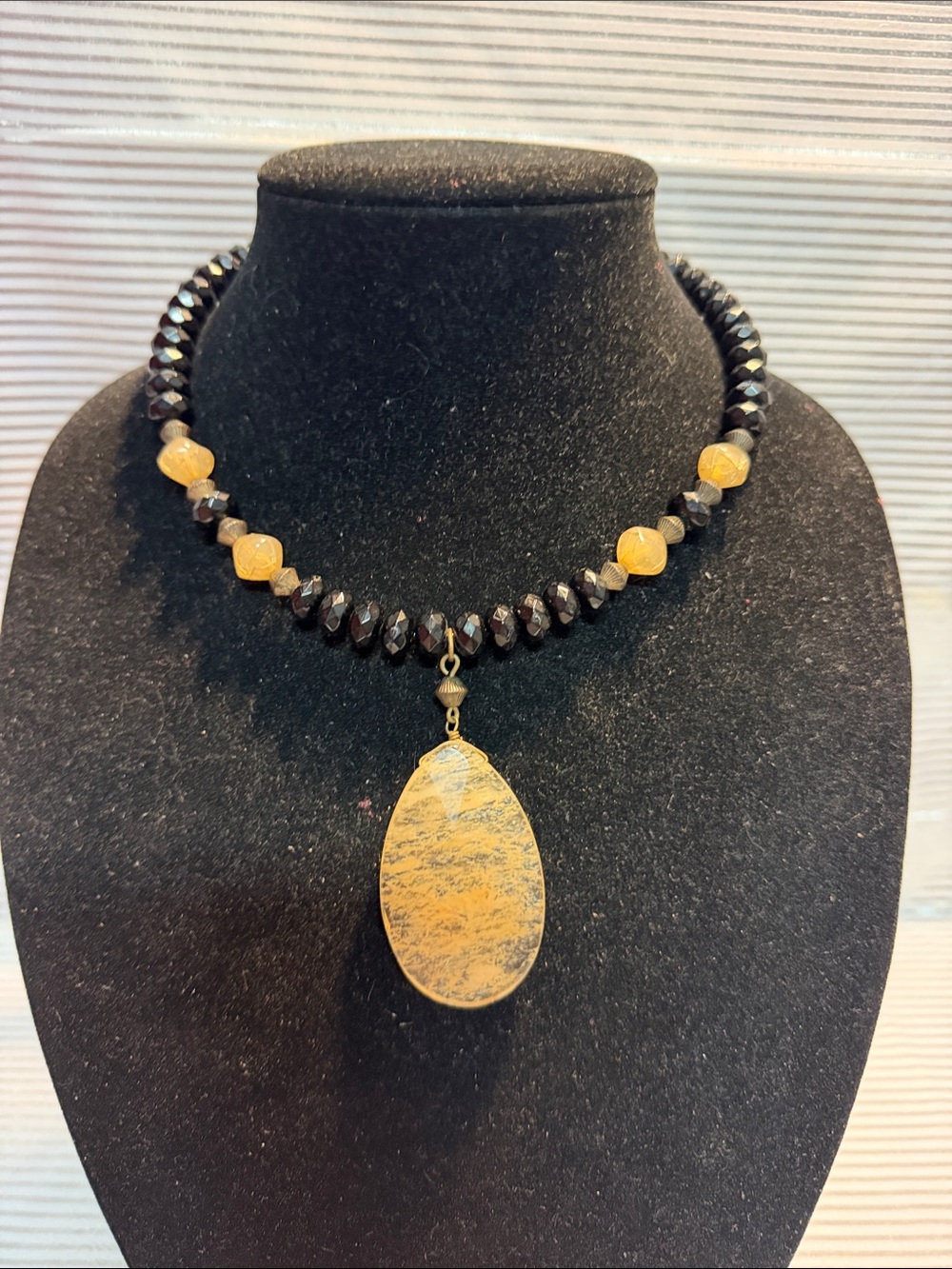 Source Unknown Black and Amber Stone Teardrop Necklace